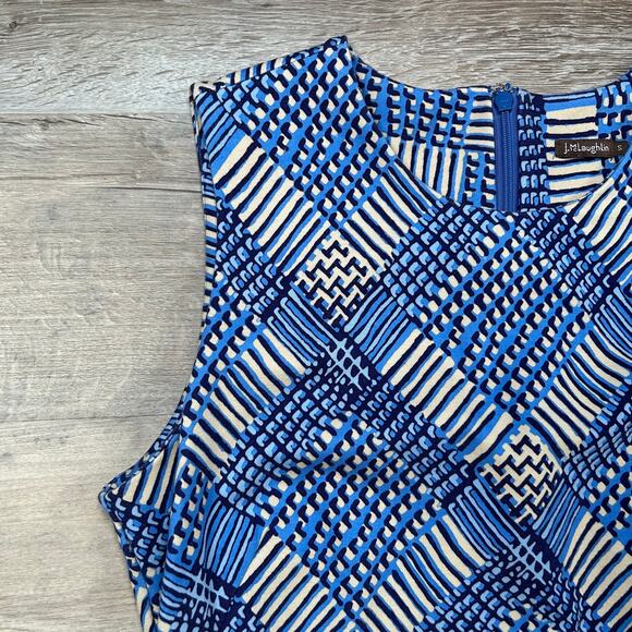 J.McLaughlin Catalina Cloth Sheath Dress Blue Geometric Print Size Small - Picture 2 of 8